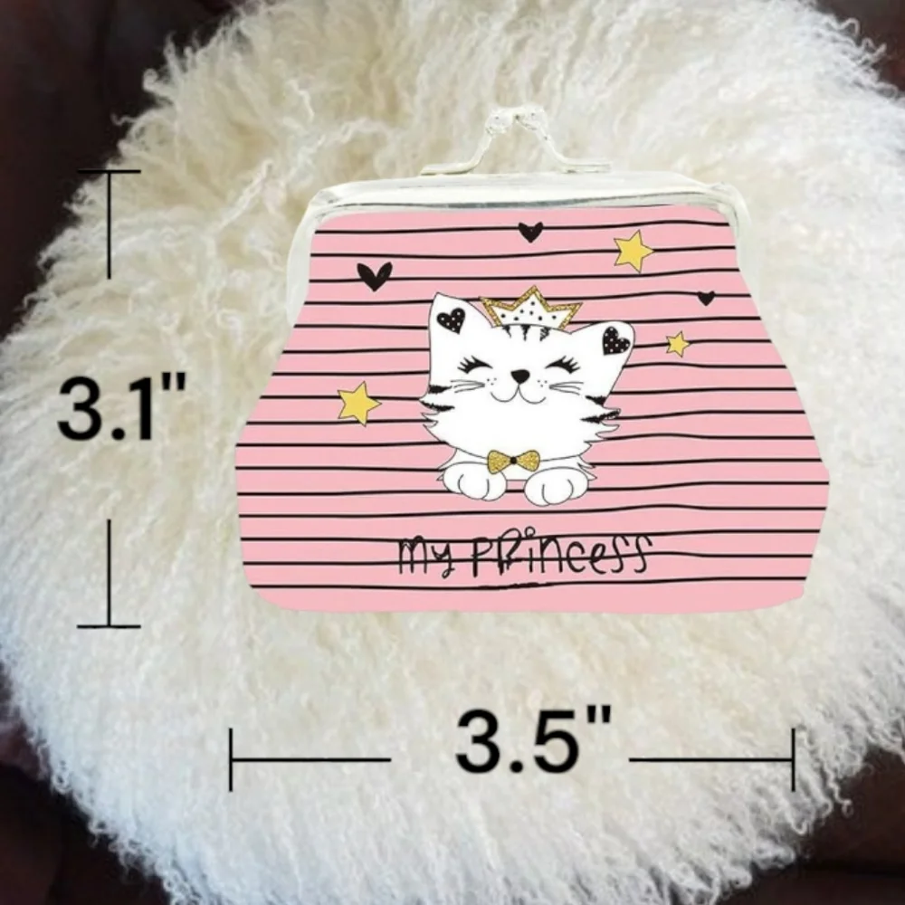 Pink Striped Coin Pouch with Cute Cartoon Cat Design
